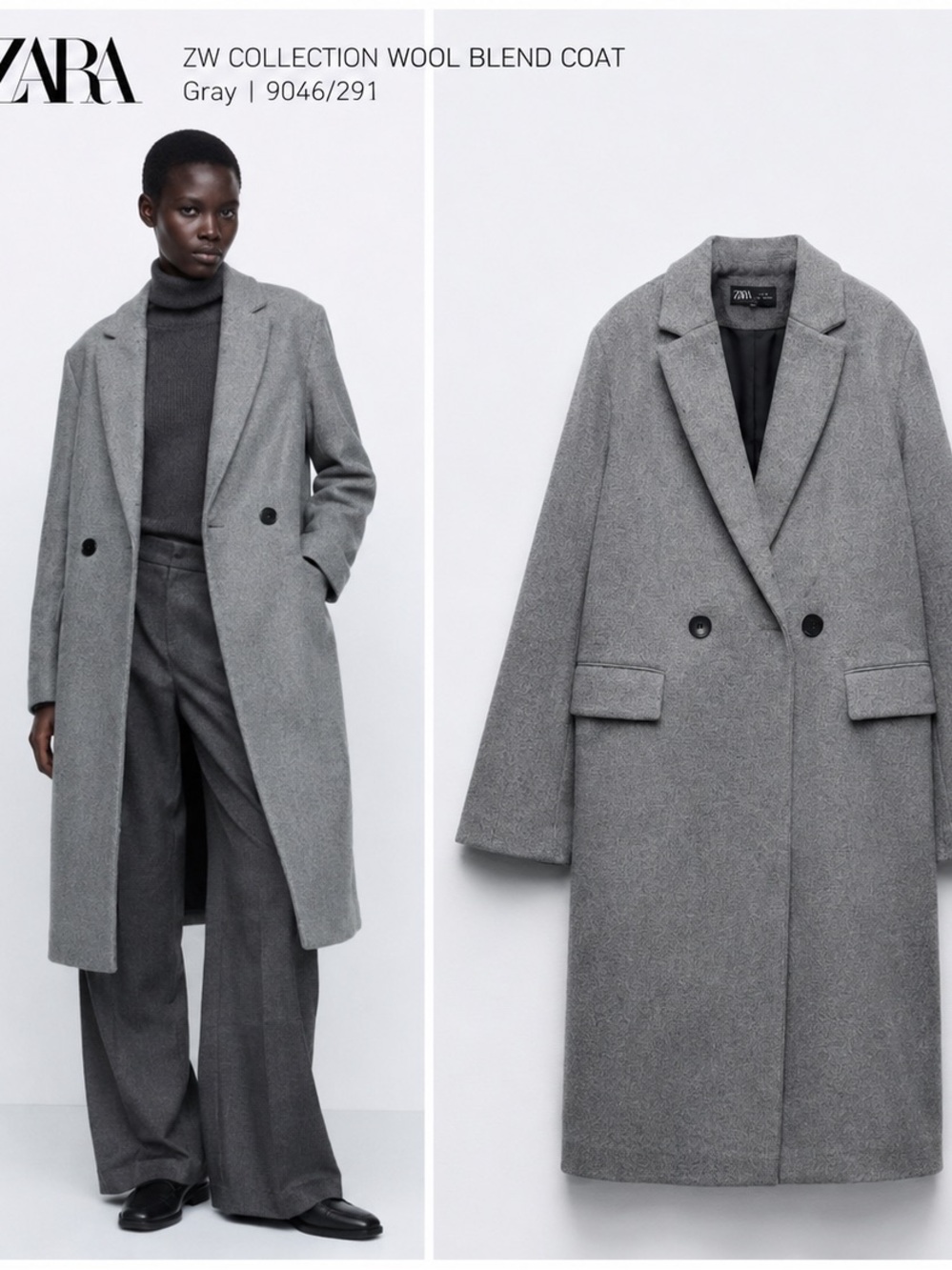 Zara Gray Long Wool-Blend Pea Coat